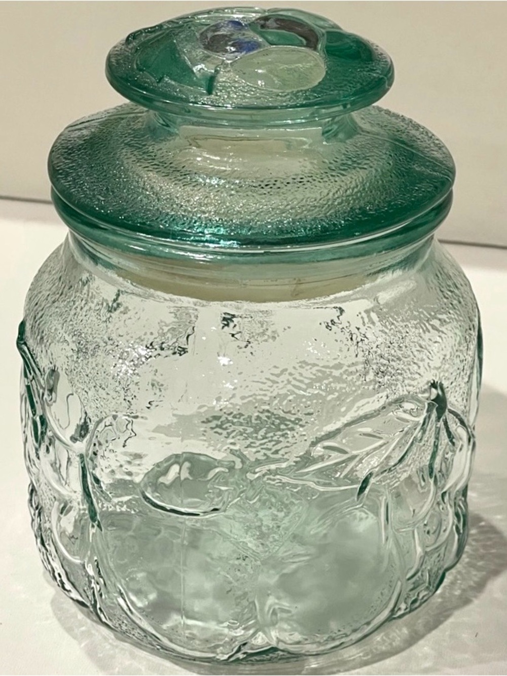 ☀️2/$20 Libbey “Fruit Orchard” Green Embossed Glass Lidded Jar Small Canister